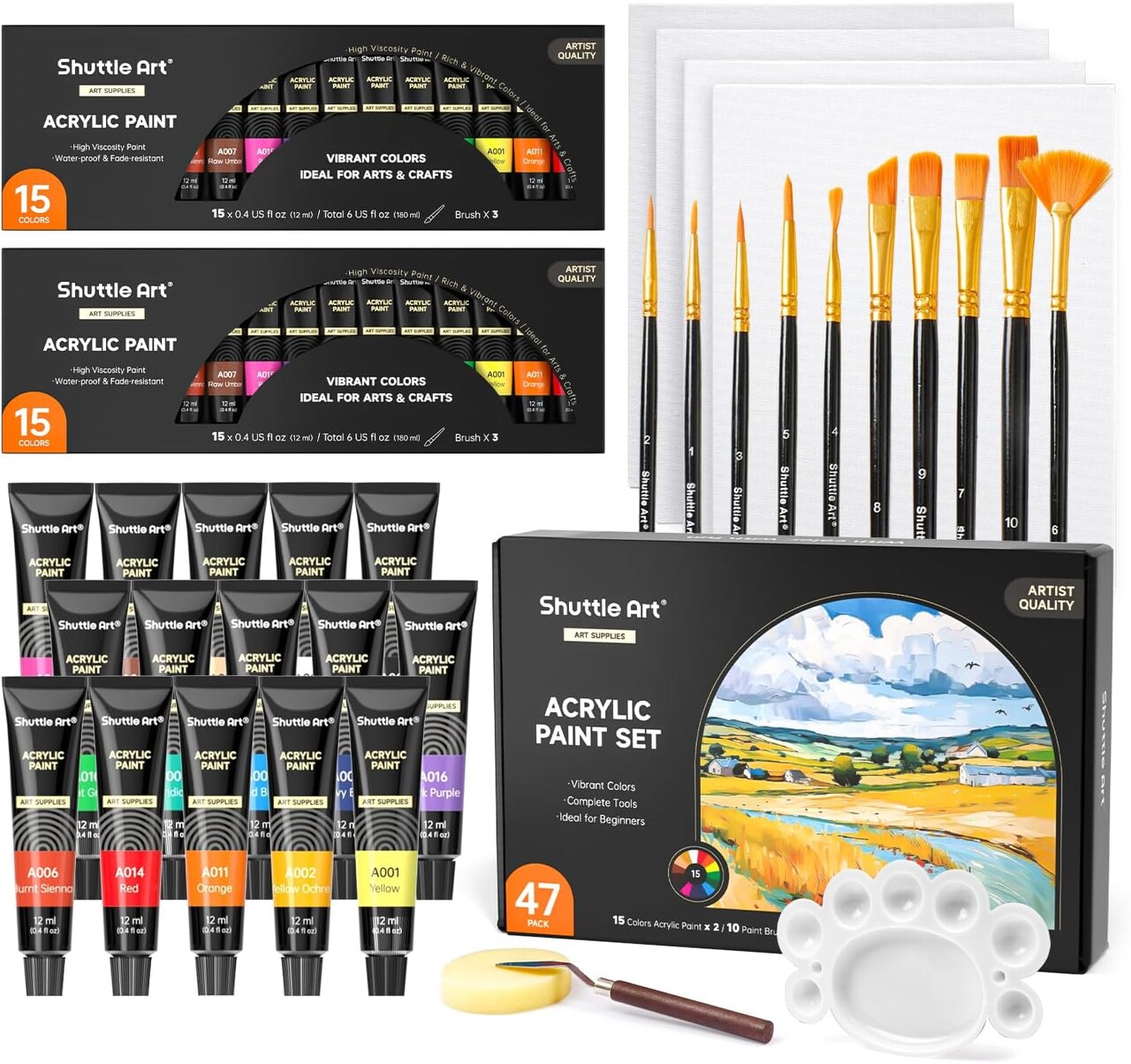 47 Pack Acrylic Paint Set, Shuttle Art 15 Colours (12ml Each, 2Pack) Acrylic Paint with 10 Brushes Painting Canvas Knife Palette Sponge, Complete Gift Set for Kids, Adults Painting Canvas, Ceramic